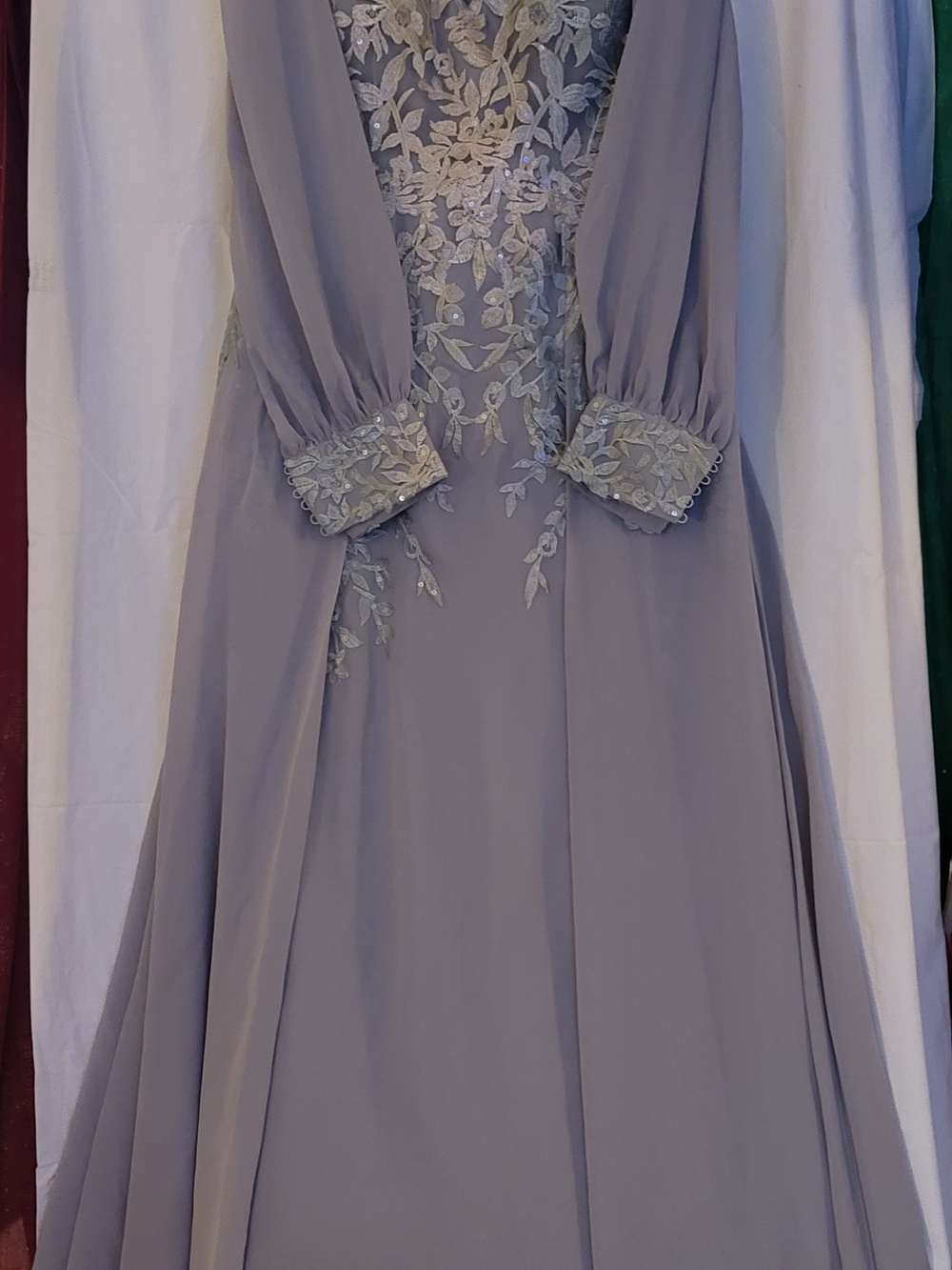 JJs House Dove Grey/Silver Beaded Lacy Evening Gown
